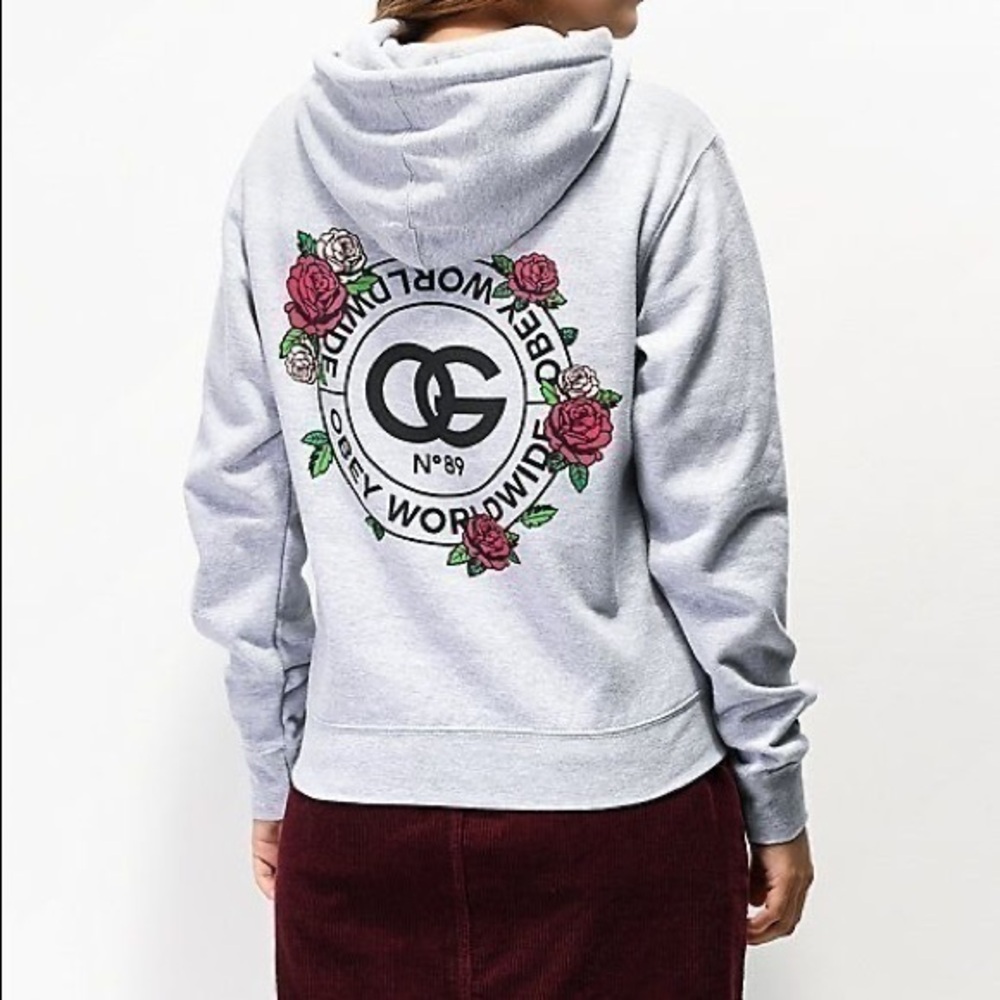 Obey Roses Rue De La Ruine Light Grey Hoodie Grey Graphic Sweatshirt size xs